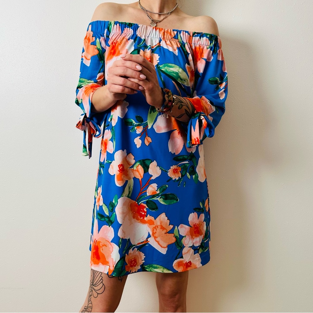 Vince Camuto off shoulder Tie Sleeve mini Dress floral - Picture 2 of 7